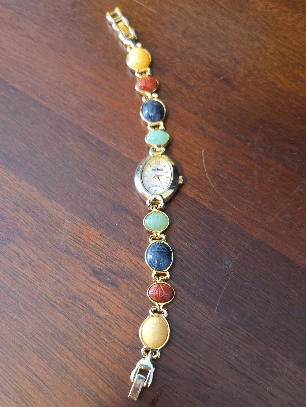Vintage JOSEPH BERNARD Gold-Tone Watch With Egyptian Scarab Gemstone Cabochons